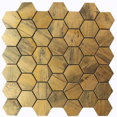 China Acid Resistant European Rustic Hexagon Mosaic Copper Mosaic Metal Backsplash Brass Steel Wall Tile for sale