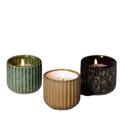 China Home Decoration Reactive Kiln Glazed Ceramic Vertical Stripes Candle Cup Holder Mug for sale