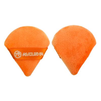 China Cosmetic Portable Soft Makeup Face Powder Puff Sponge Setting Face Puffs Triangle Velvet Powder Puff With Ribbon With Handle for sale