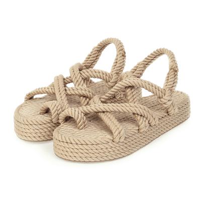 China 2021 Fashion Trend Hemp Rope Women's Sandal Beach Resor Canvas Sandals Grass Woven Soft Flat Bottomed Fisherman's Beach Summer New for sale