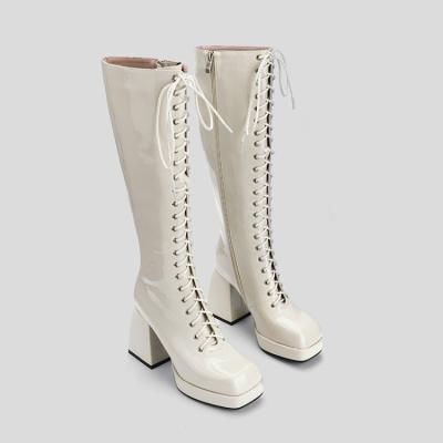 China 2021 Fashion Trend Square Toe Zipper Women's New Ladies Lace-up High Heel Boots Patent Leather Side High Heel Boots for sale