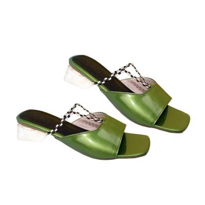 China Fashion Trend Good Quality PU Green Square Main Slippers Peep Toe Women Sandals With Thick Heels for sale