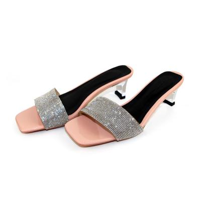 China Fashion Trend Customized Square Head Diamond Block Slippers Heels Smart Sandals For Women And Ladies for sale