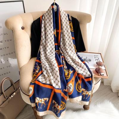 China New Fashion Women Carriage Pattern Printing Long Scarves Ladies Brand Designer Silk Head Hijabs Soft Smooth Feeling Silk Scarves 180*60cm for sale