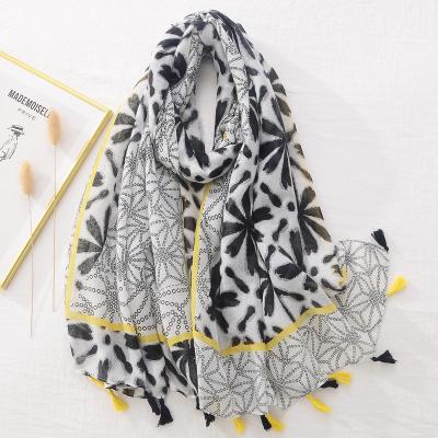 China 2022 summer designs black bule sweet soft feeling big latest cotton voile scarf with tassels fashion long cotton scarf for women hizab muslims for sale