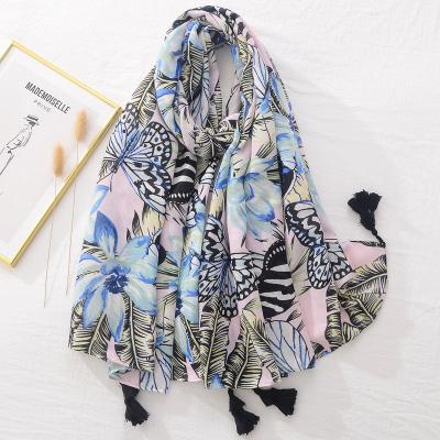 China Factory 2022 latest design leaf print soft smooth feeling blue scarf hijab scarf flowers cotton viscose long scarves shawls for women summer for sale