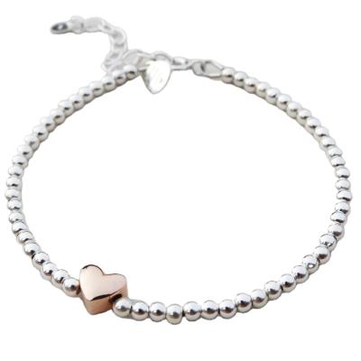 China 925 Sterling Silver Wholesale CLASSIC 3mm Beads With Rose Gold Tiny Small Heart Charm Bracelet for sale