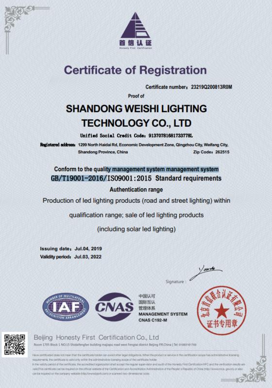 ISO9001 - Shandong Weishi Lighting Technology Co., Ltd.