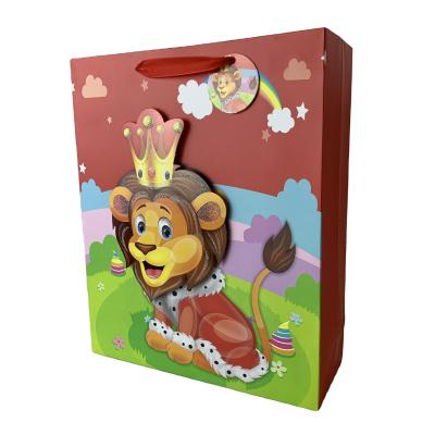 China Recycled Materials Kraft Floral Cardboard Retail Paper Bag With Cartoon Tip-on Glitter Wholesale Gift Bags With Satin Ribbon Handle for sale