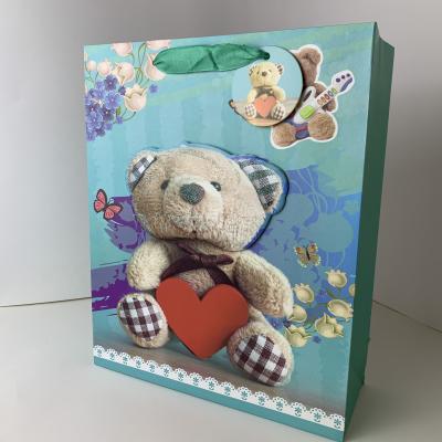 China Newest Design Luxury Customized Cheap Baby Gift Bag Recyclable With Ribbon Handle With Tip-on Bear Design for sale