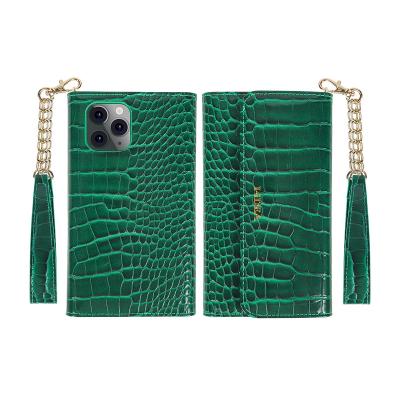 China Luxury Wallet Case Forest Green Crocodile PU Leather Removable Phone Cover Case with Charging Ring Wallet Case for iPhone X XS 11 12 Mini Pro Max for sale