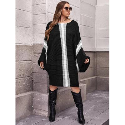 China Breathable American Streetwear Plus Size Stripe Ribbed Knit Plain Sleeve Women's Bat Wing Sweaters Dress Women Loose Acrylic Sweater for sale