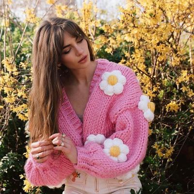 China Anti-Wrinkle 2021 Winter New Arrival Oversized Wool Crochet Flower Cardigan Cropped Women's Handmade Sweater Floral Hand Knitted Tops for sale