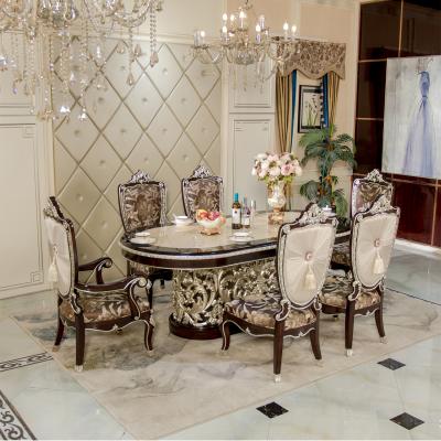 China Dining Room Furniture Extendable Luxury European Neoclassical Solid Wood Carved Inlaid Dining Table and Chair with Natural Shell Surface for sale