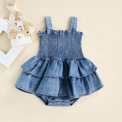 China Breathable Lovely Baby Summer Denim Casual Rompers Newborn Baby Girls Sleeveless Strap Elastic Layered Romper Jumpsuits baby dresses for sale