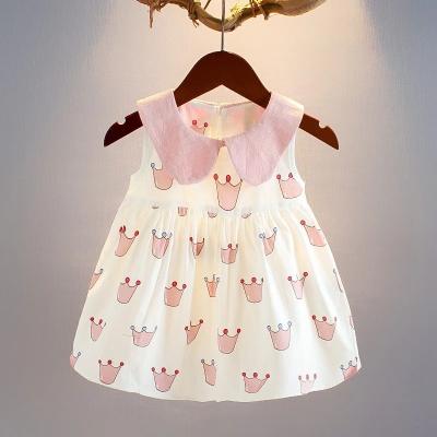 China Breathable Summer Sleeveless Lapel Newborn Girls Cute Top Crown Pattern Comfortable Cotton Party Princess Dress Baby Girl Gown Baby Dresses for sale