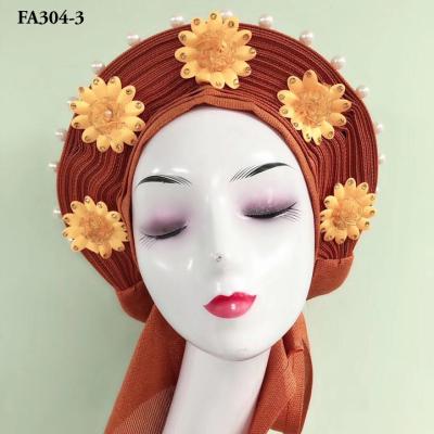 China Beautiful Sego Nigerian Headtie New Styles Scarf 3d Flowers Embroidery African Orange Beads Headtie for sale