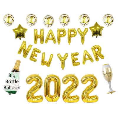 China 2022 Champagne Balloons Set Happy New Year Eve Gold Foil Balloons Bottle Glass Balloon Party Foil Balloons for sale