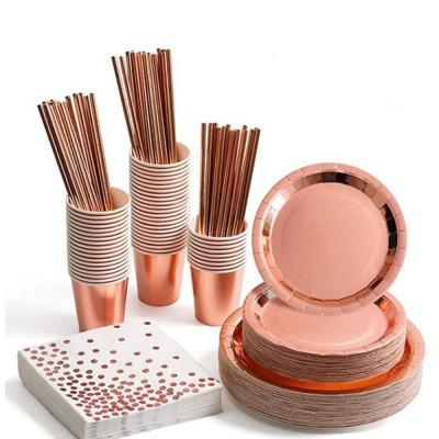 China Rose Gold Disposable Paper Tableware Set Wedding Disposable Tableware Kit Party Supplies Home Birthday Party for sale