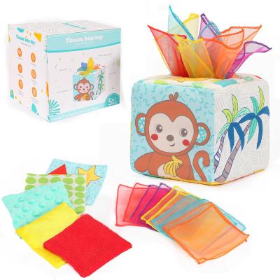 China Eco-friendly Material Wholesale Plush Baby Toy Tissue Box and Handkerchiefs Animal Alphabet Printing Early Education Baby Toy for sale