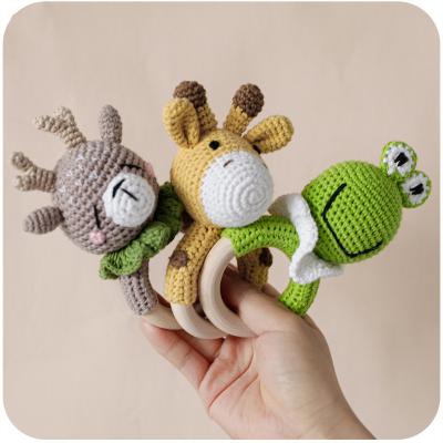 China STUFFED Handmade Toys Crochet Bunny Baby Teether Rattle Safe Beech Wooden Baby Teethers Rattle Newborn With Ring Bell for sale