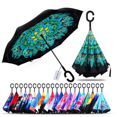 China All In 1 Manual Open Hands C Shape Handle Free Peacock Printed Inside Out Reverse Inverted Umbrella for sale