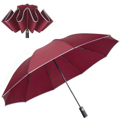 China 3 Fold Automatic Single Layer Open Reverse Windproof Compact Inverted Umbrella With Reflective Stripe for sale