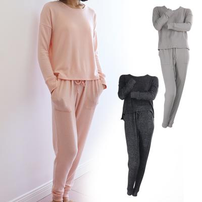 China Soft Breathable Knit Fashion 2 Piece Lounge Wear Set Pajamas Long Sleeve Loungewear Drawstring Waist Sleepwear For Women for sale