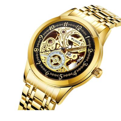 China Luxury Skeleton Wholesale Gold Stainless Steel Strap Chain Watch Band Jewelry Automatic Mechanical Wrist Water Resistant Mens Watches For Men for sale