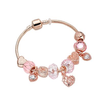 China Fashionable high quality diy custom charm beads pink crystal enamel glass bracelet hollow tree pendant beaded bracelet for sale