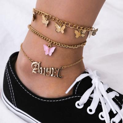 China BOHEMIA Butterfly Chain Chunky Layered Acrylic Layered Cuban Angel Anklet Chunky Link Gold Plated Anklet Set Women Foot Jewelry for sale