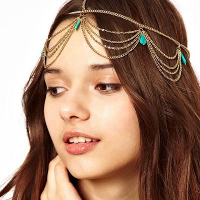 China Beach Trendy Turquoise Vintage Bohemia Gold Forehead Chain Jewelry Piece Wedding Veil Hair Accessories Forehead Dangle Jewelry for sale