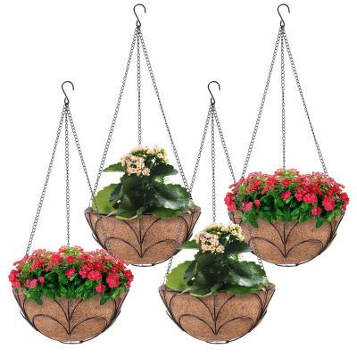 China Metal Flower Planter Hanging Basket Flower Pot Coconut Shell Lined Plant Stand Decorative Flower Pot Hook Indoor Outdoor Garden Decoration for sale