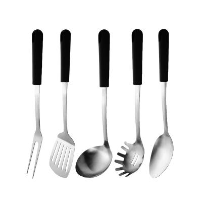 China Sustainable Kitchen Utensil Set Stainless Steel Cookware Five-Piece Metal Set Black With Non-slip Handle High Heat Resistance for sale