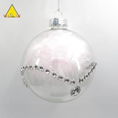 China Home Decoration Clear Glass Ball With Feather Inside In Different Colors With Diamond for sale