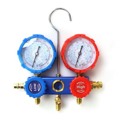 China Brass Refrigeration Refrigerant Double Manifold Gauge R410 R410a R32 R22 R404 R407 Red and Blue Steel Brass Plated Steel or Brass for sale