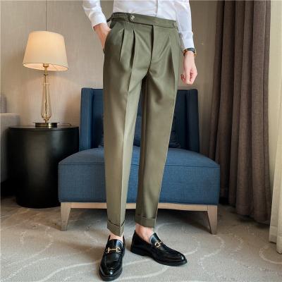 China Anti-wrinkle Solid Color Casual Suit Pants for Men's Summer High Waisted Straight Leg Trousers Slim Pleated Business Formal Dress Pants Man for sale