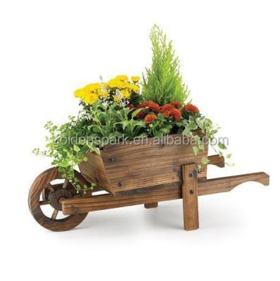 China Wheel Barrow Home Garden Planter Burnt Wooden Modern Stylish Flower Pot for sale