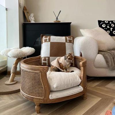 China Sustainable Luxury Customized Wicker Wooden Natural Rattan Dog Pet Bed Basket for sale