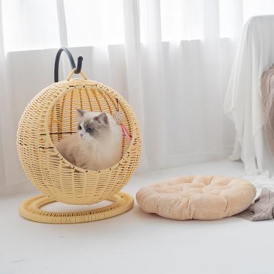 China Sustainable Top Quality Natural Woven Wicker Round Hanging Cat Furniture Rattan Cat Pet Hammock Bed  with Soft Cushion for sale