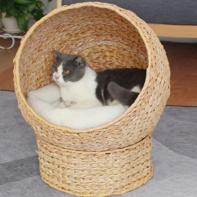 China Sustainable Wholesale Soft Cushion and Hanging Toy Wicker Natural Rattan Cat Bed House for sale