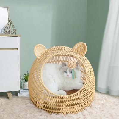 China Sustainable Washable Handwoven Semicircle Pet Furniture Weaving PP Plastic Rattan Cat Nest for sale