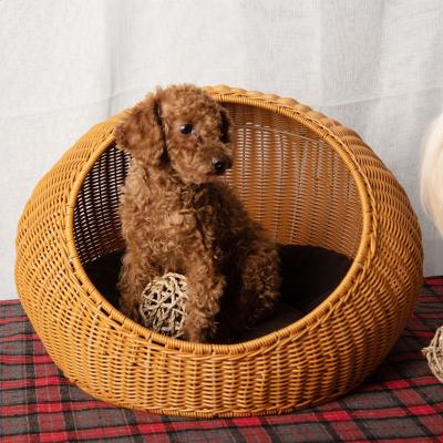 China Sustainable Handmade Eco Outside Round Wicker Woven Plastic Rattan Dog Bed Basket for sale