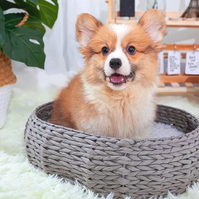 China Sustainable Wholesale Retro Handmade Natural Rattan Water Hyacinth Dog Pet Bed Home for sale