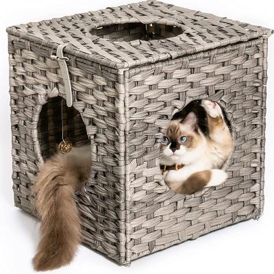 China Sustainable Wholesale Cheap Foldable Wicker Woven Plastic Rattan Cat Pet Bed Box Organic Pet Products for sale