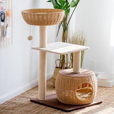 China Sustainable Handmade Wicker Woven Sleeping Furniture Scratcher Rattan Cat Scratching Tree for sale