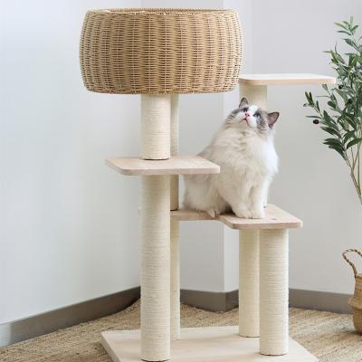 China Sustainable Handmade Scratch Resistant Wicker Two Bed House Plastic Rattan Cat Pet Tree for sale