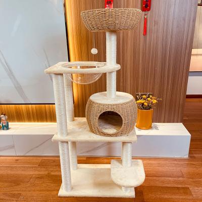 China Sustainable Handmade Scratch Resistant Wicker Plastic Climbing Cat Tree Rattan Cat Shelves for sale