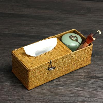 China 100% Eco-friendly Eco-friendly 2 Compartment Natural Wicker Seagrass Rattan Tissue Paper Box for sale