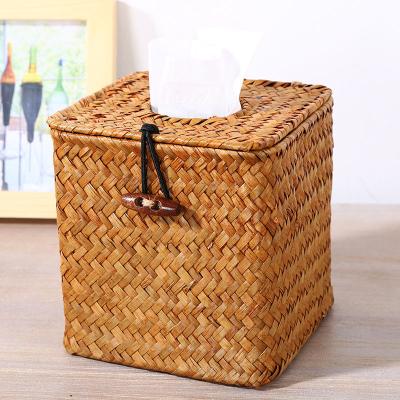 China Eco-friendly Material Handmade Woven home Decorative Square Natural Seagrass Rattan Tissue Box Holders for sale